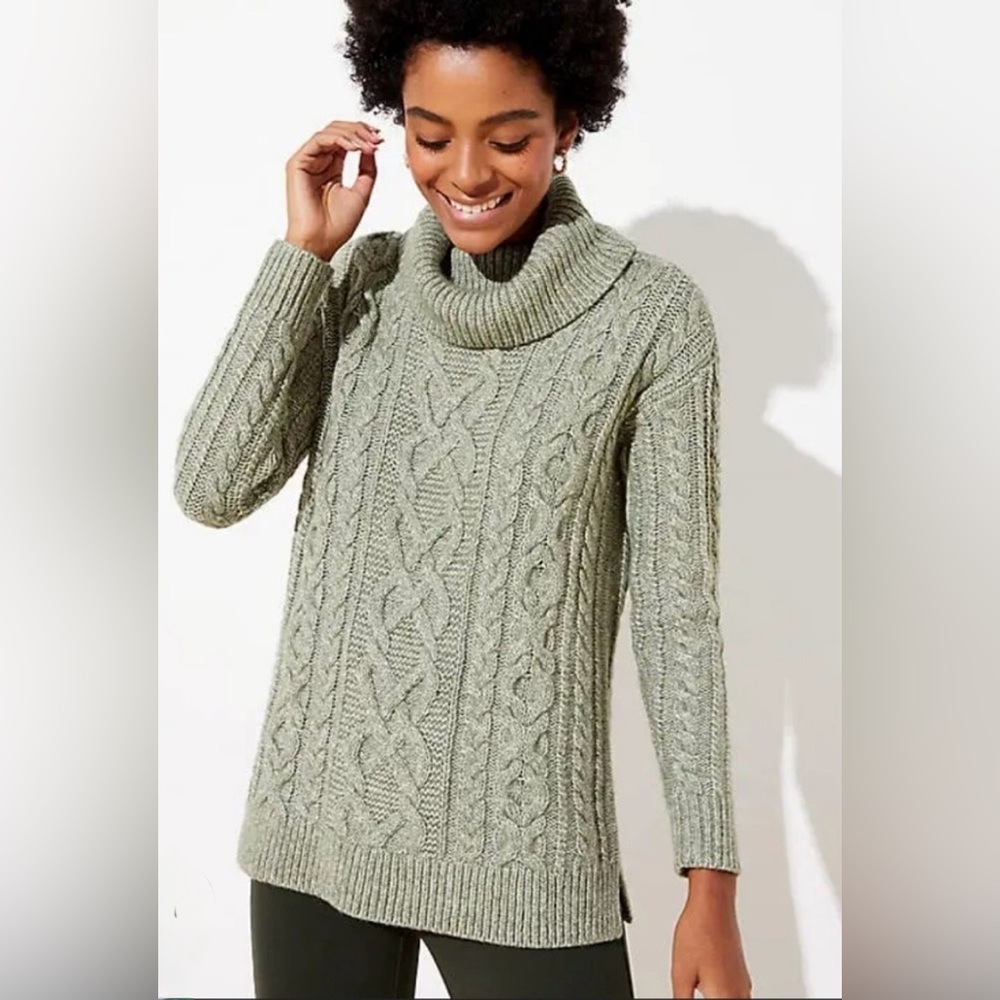 🍀 Loft Cable Knit Turtleneck Cowl Neck Sweater - Green 🍀
